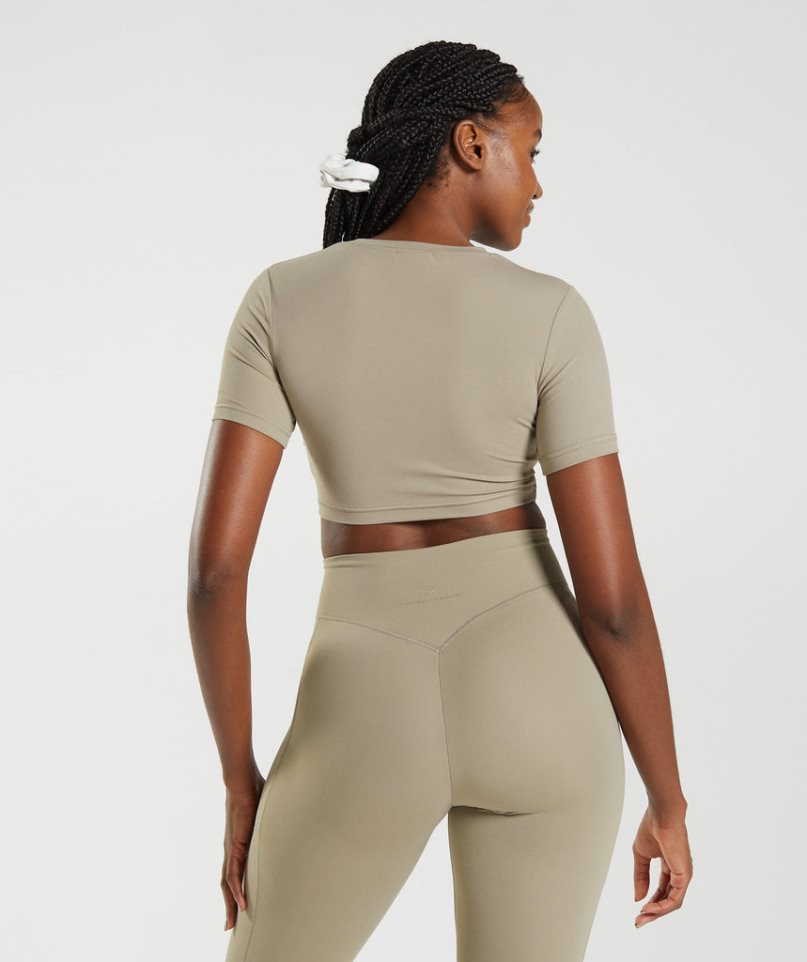 Women's Gymshark Whitney Short Sleeve Cropped Tops Khaki | NZ 3CKBHS